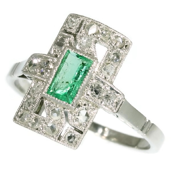 Estate platinum Art Deco engagement ring with diamonds and emerald